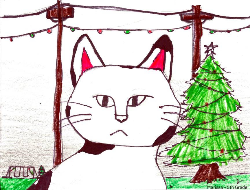 Student's artwork shows a cat in front of a Christmas tree and holiday-decorated space.